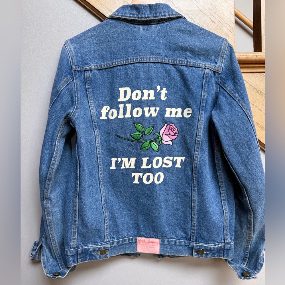 Rare Y2K  90s Vintage Vibes Denim Jacket Graphic Bomber Patchwork Varsity Medium - Picture 2 of 10